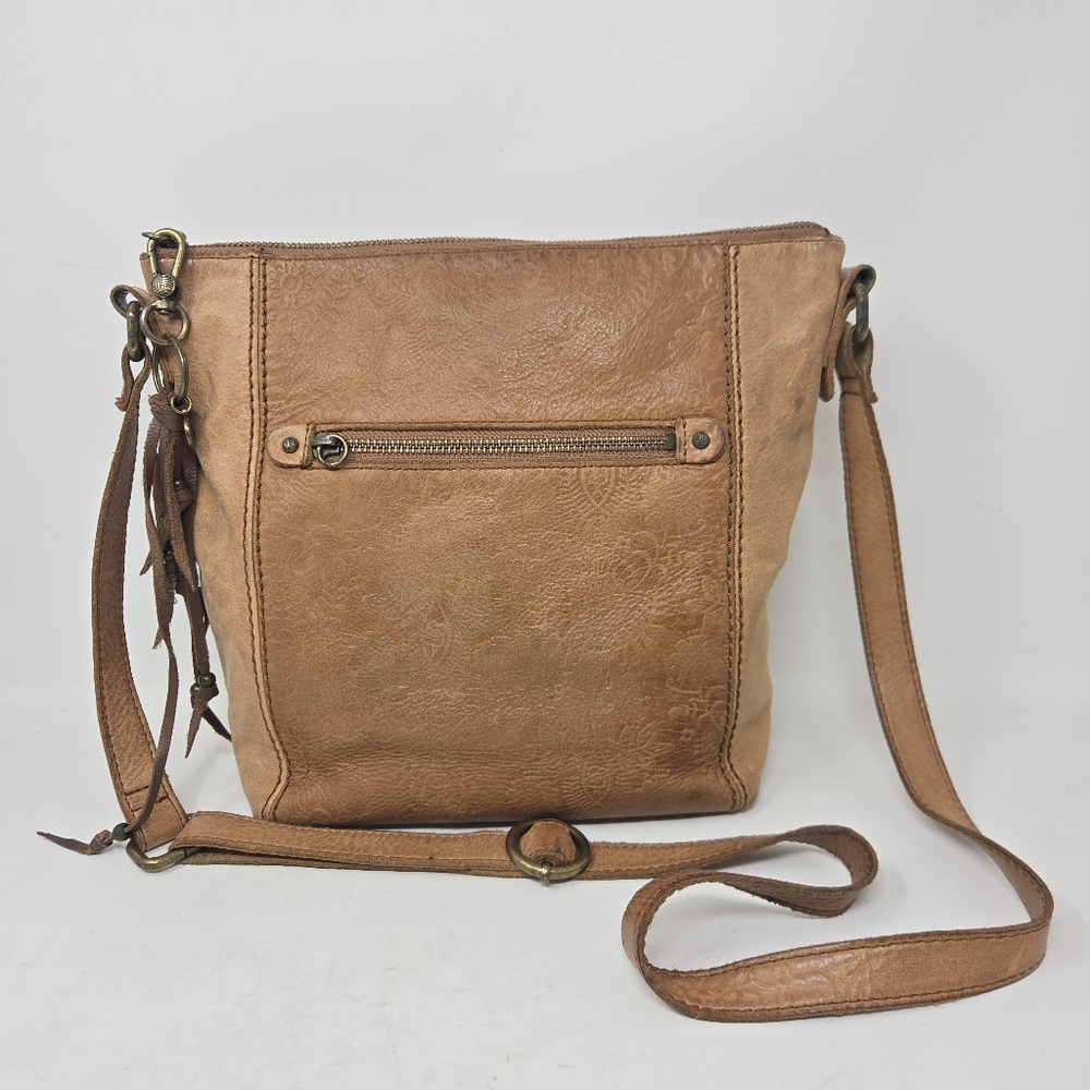 THE SAK Women's Ashland Leather Crossbody Bag‎ Purse Tobacco Floral Emboss Boho